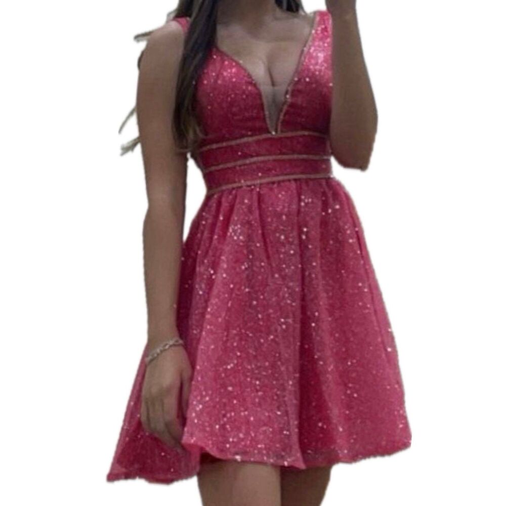 Sparkling Pink V-Neck Prom Dress